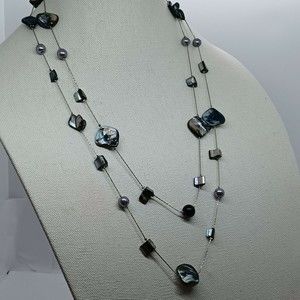 Black Gray Faux Pearl Beads Irridescent Shell  Double Strand Silvertone Chain